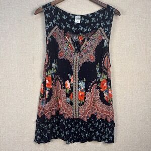 Bila Womens XXL Navy Paisley Floral Sleeveless Ruffle Hem Boho Rayon Top